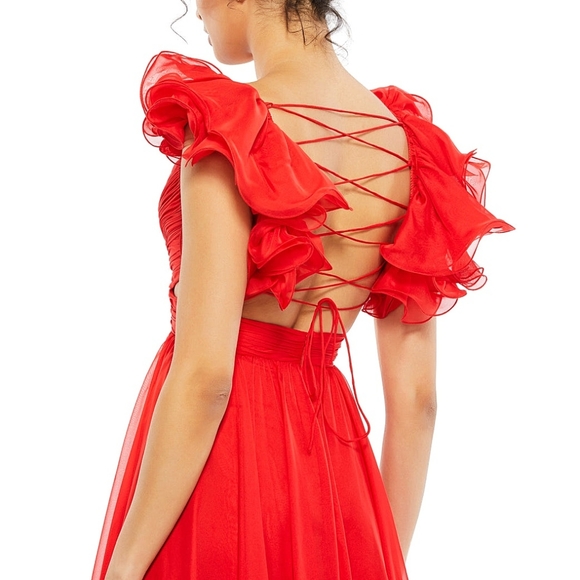Mac Duggal X Anthropologie Indy A-Line Ruffled Back-Lace Up Chiffon Red Gown - Picture 5 of 7